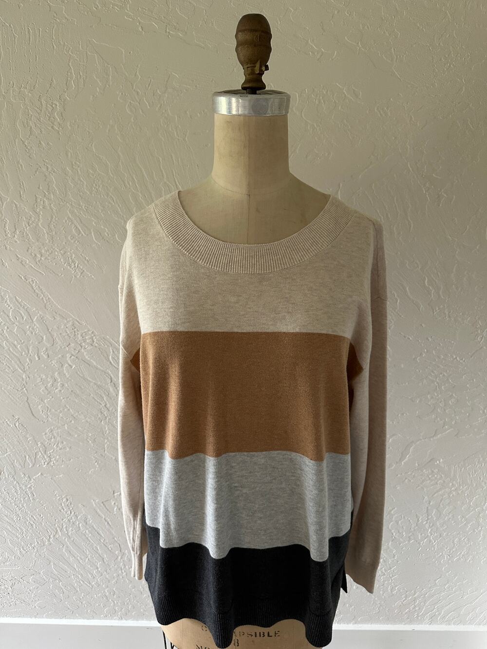 LANDS END Womens Fine Gauge Cotton Colorblock Sweater Size Medium Petite Classic